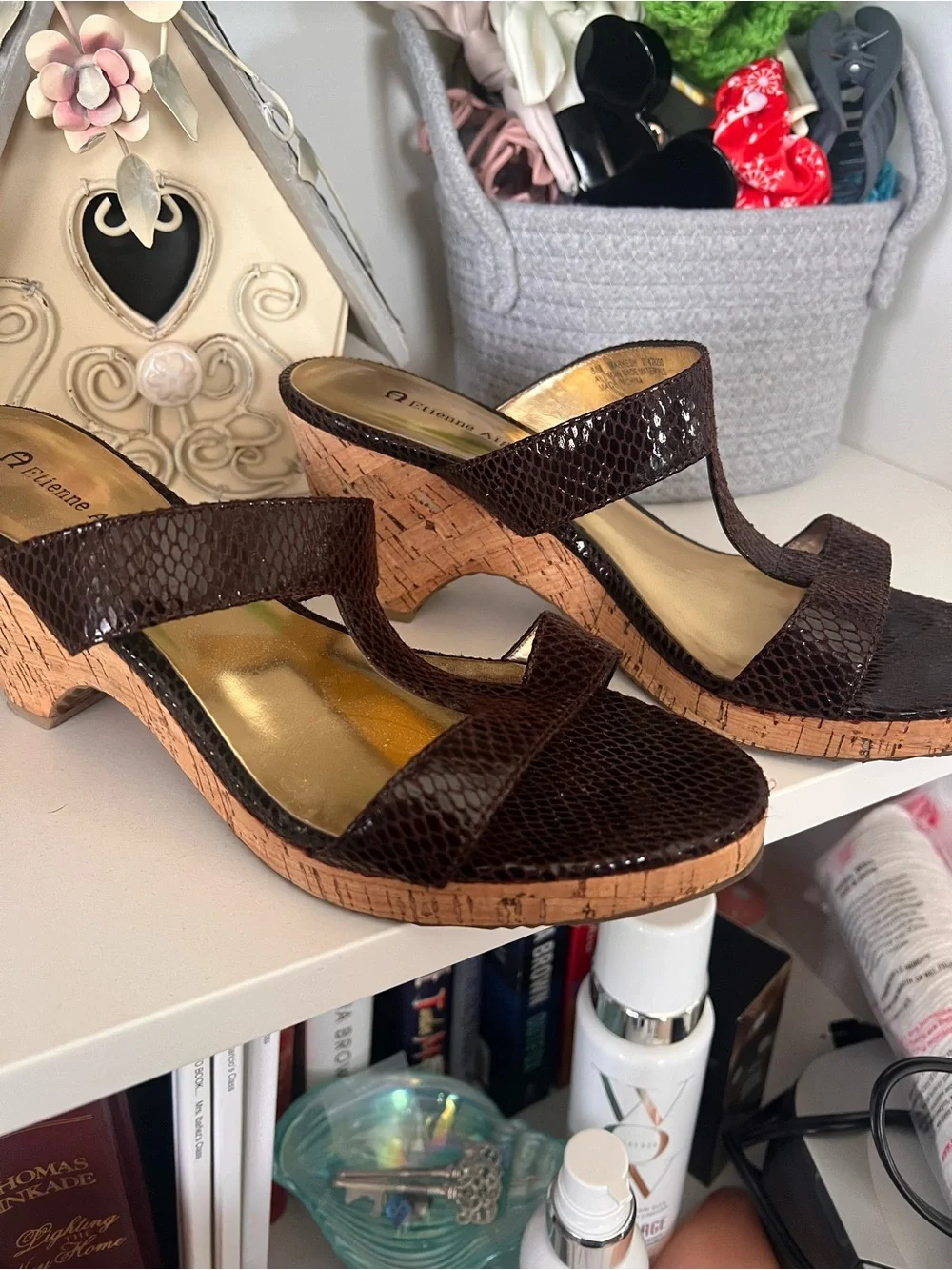 Adrienne Vittadini Dark Brown Cork Wedge Sandals